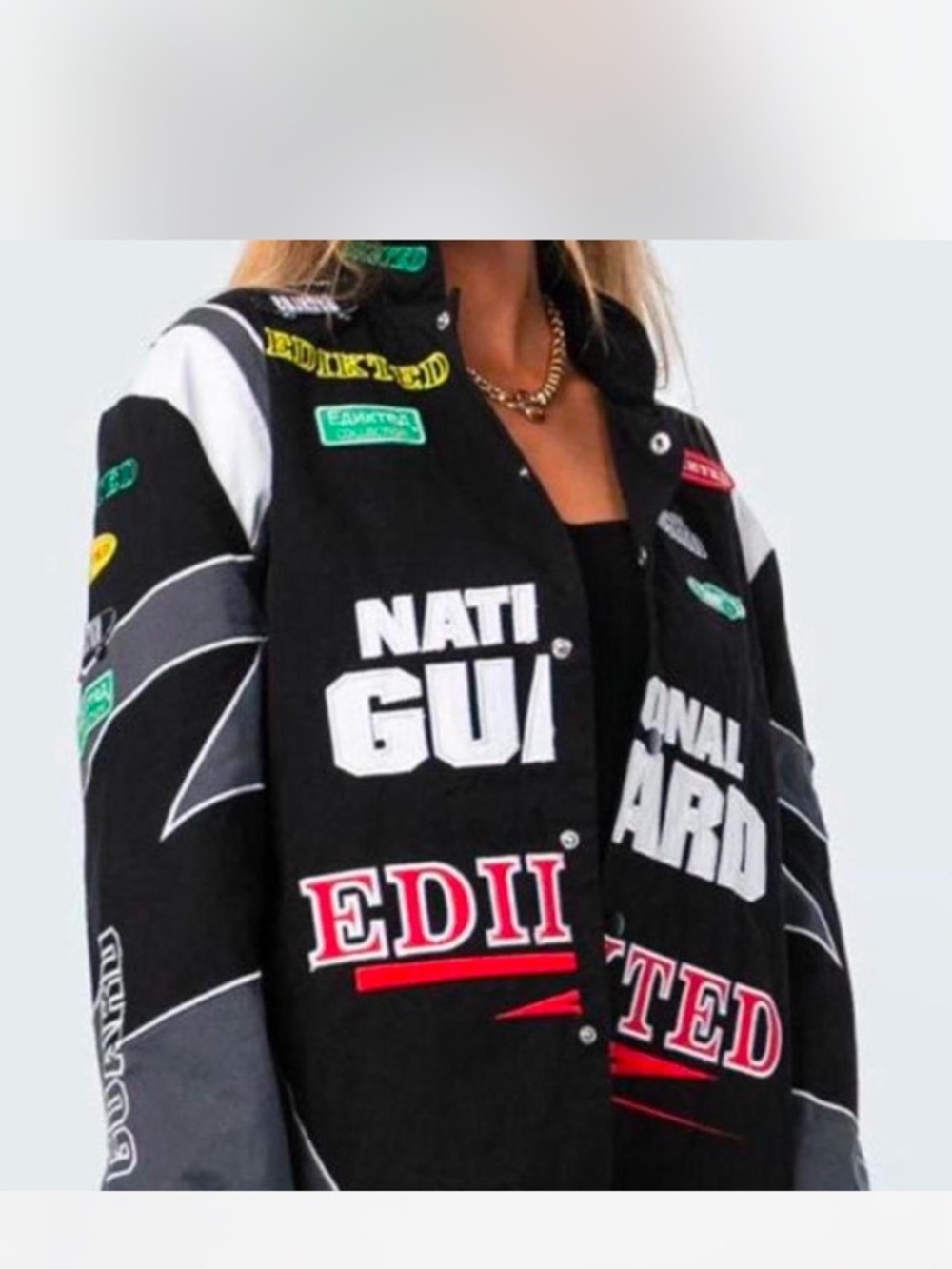 Edikted Black Bomber Jacket with White and Red Graphic Logos
